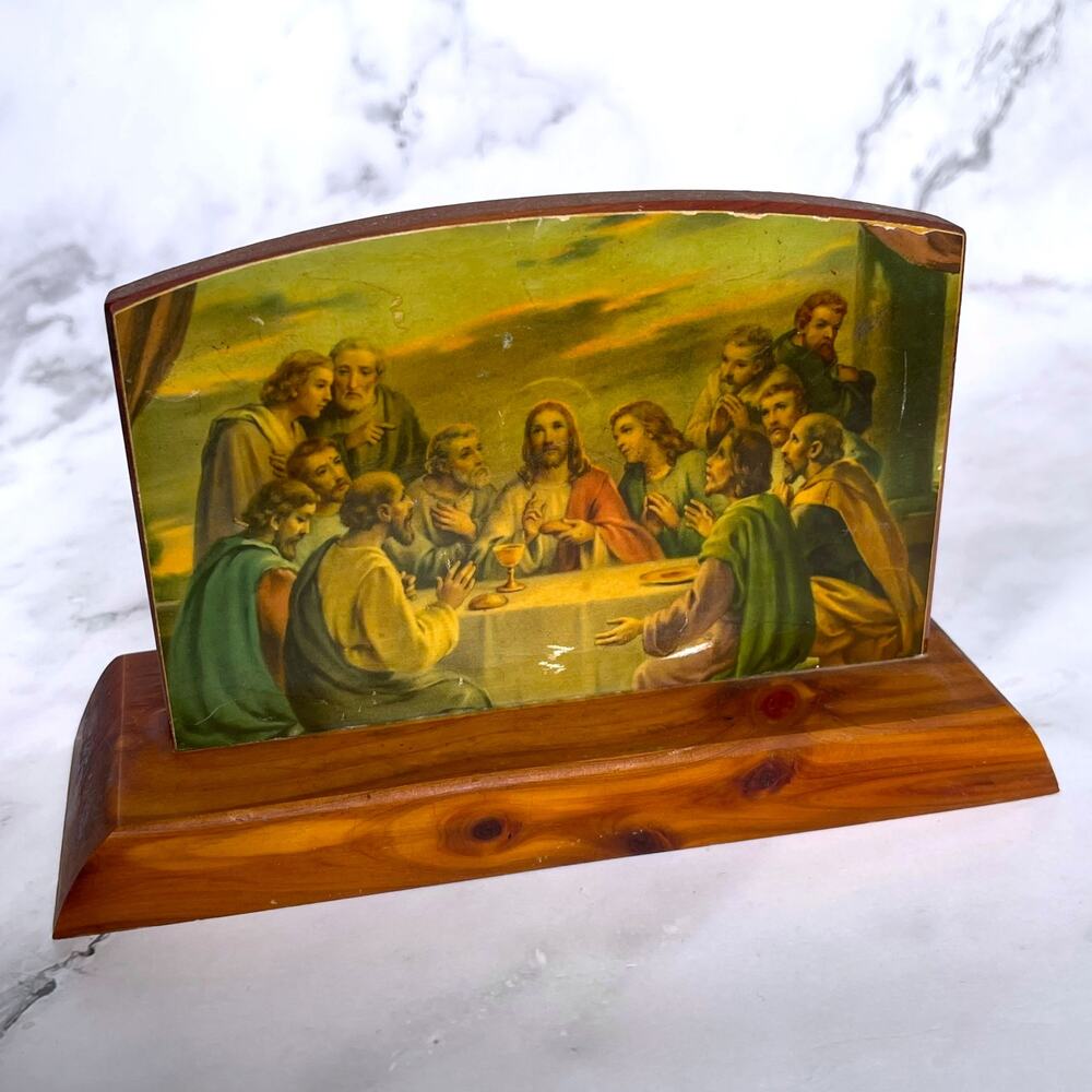 Vintage Last Supper Jesus Cedar Wood Plaque North Little Rock Arkansas 6.5"